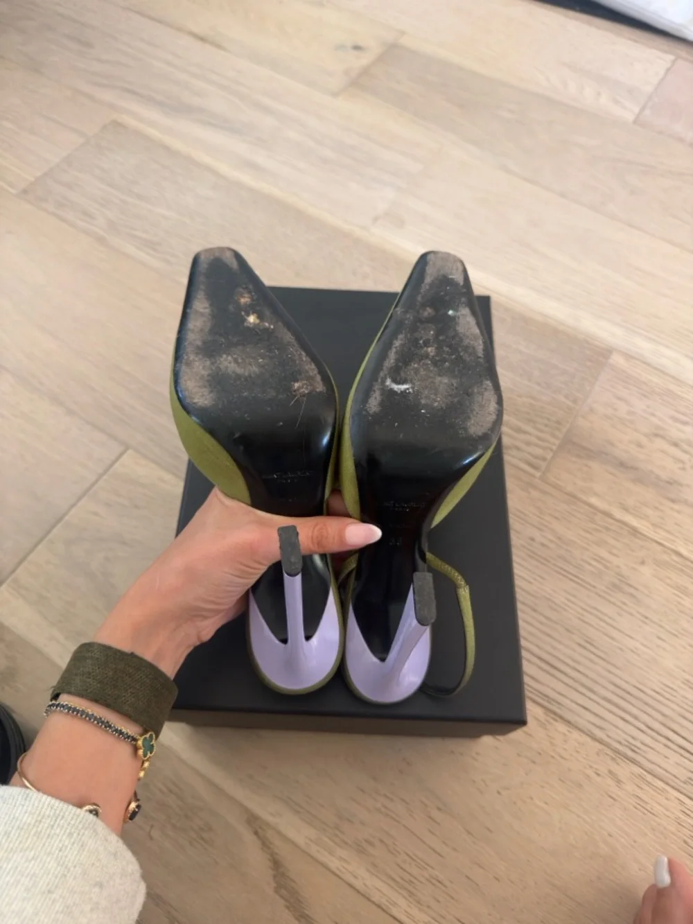 Saint Laurent Olive Green Pointed Slingback Pumps - Picture 3 of 5